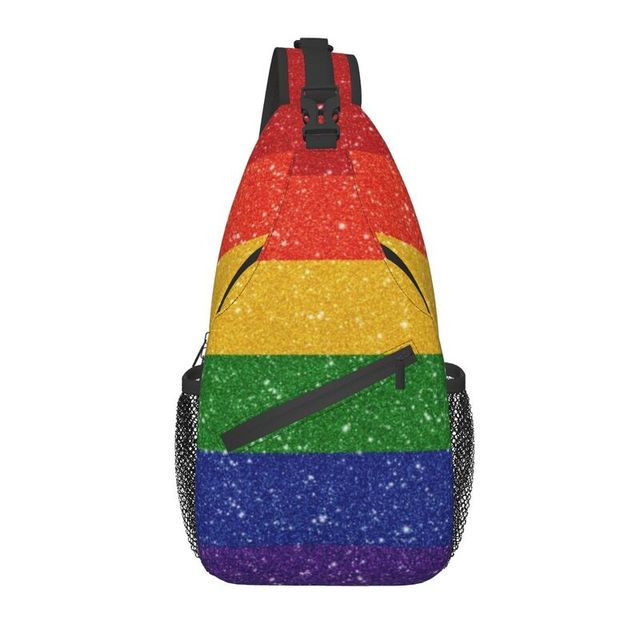 Faux Glitter Rainbow Pride Flag Sling Bags for Men Cool LGBT Gay Lesbian Shoulder Crossbody Chest Backpack Traveling Daypack