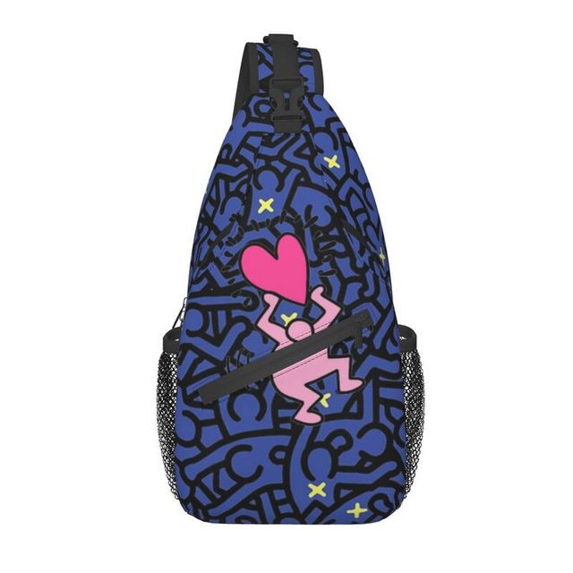 Pink Heart Haring Crossbody Sling Backpack Men Custom Cosplay Keith Street Art Chest Shoulder Bag for Traveling Daypack