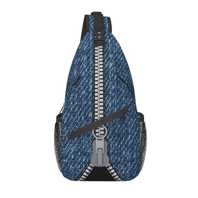 Casual Zippered Denim Art Sling Bag for Travel Hiking Men's Blue Jeans Texture Crossbody Chest Backpack Shoulder Daypack