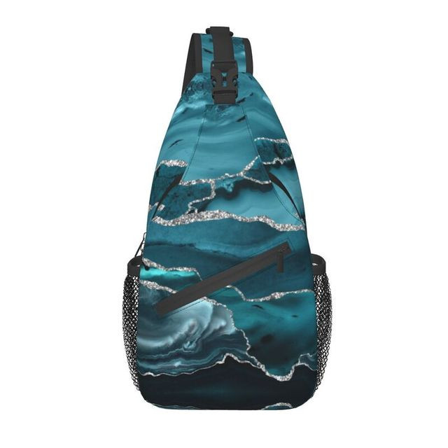 Turquoise Marble With Silver Glitter Veins Crossbody Sling Backpack Men Marbled Texture Shoulder Chest Bags for Camping Biking