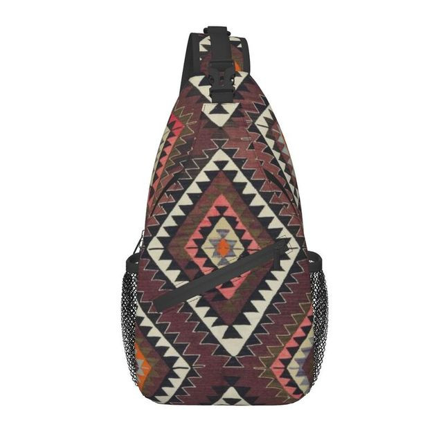 Vintage Turkish Kilim Diamond Tribal Sling Crossbody Backpack Men Bohemian Ethnic Art Chest Shoulder Bag for Traveling Daypack