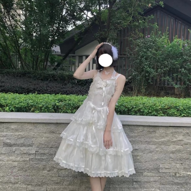 Japanese Sweet Lolita Dress Victorian Retro Women Elegant Lace Bow Gothic Cosplay JSK Dresses Girly Wedding Party White Vestido