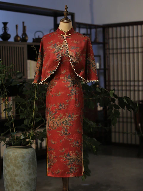 Vintage Red Chinese Traditional Qipao Casual Party Women Long Dress Summer Cheongsam Dresses