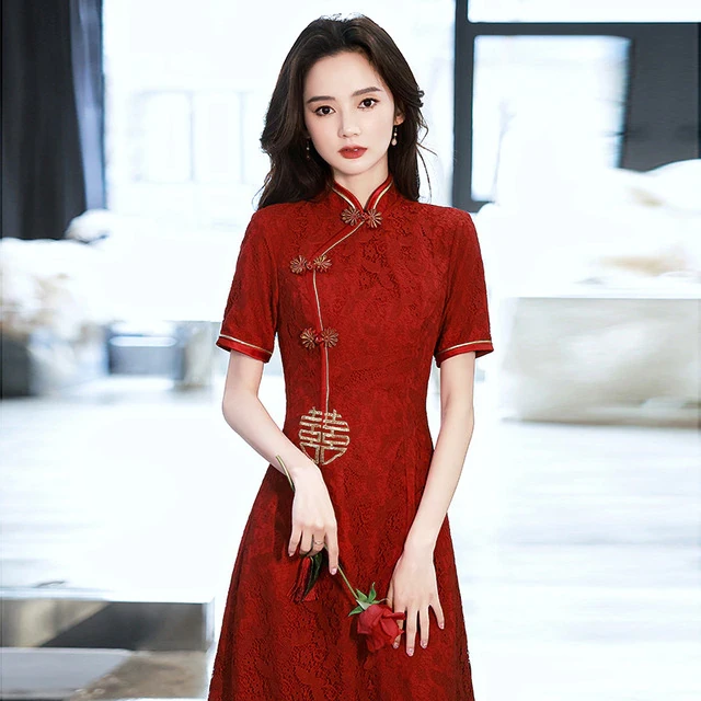 Chinese Traditional Dress Women Qipao Red Modern Cheongsam Dresses Robe Orientale China Style Costume Ladies