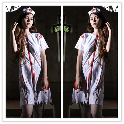 New Halloween Horror Zombie Nurse Cosplay Costume For Women Sexy Bloody Vampire Ghost Bride Carnival Party Irregular Mini Dress