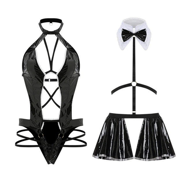 Women Sexy Lingerie Soft Patent Leather Female Underwear Set Hot SM Outfits Erotic Crotchless Body Suit Porno Black Kitten Dress