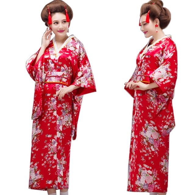 Female Japanese Kimono National Stage Costumes Sakura Blossom Simulation Silk Studio Portrait Costume Women Bathrobe Clothing