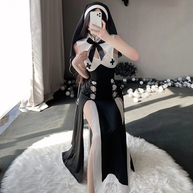 Love Live Cosplay Nun Costume Women Black Mesh Deep V Temptation Lingerie Dress Halloween Maid Outfit Lace Up Split Erotic Dress