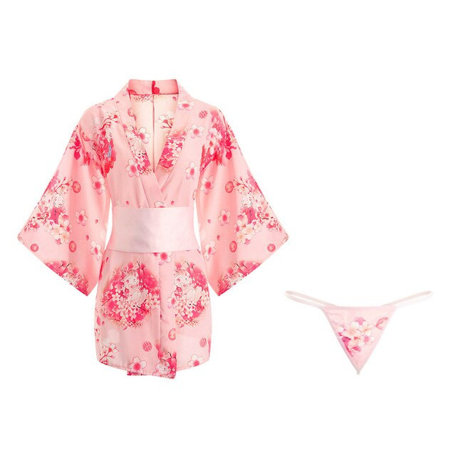 Japanese Pink Cherry Blossom Cute Playful Kimono Pajamas Chiffon Sexy Lingerie Female Sexy Temptation Satin Robe Cosplay Uniform