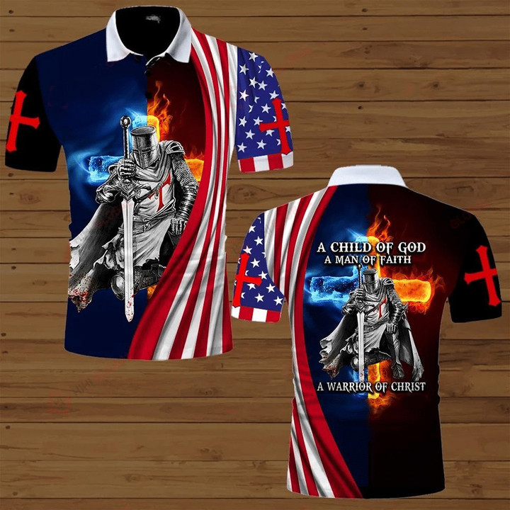 A Child Of God American Flag Fire Knight Jesus Christ Christian Polo
