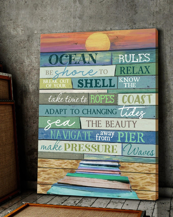 Ocean Rules Beach House Signs Canvas QT305087Eb