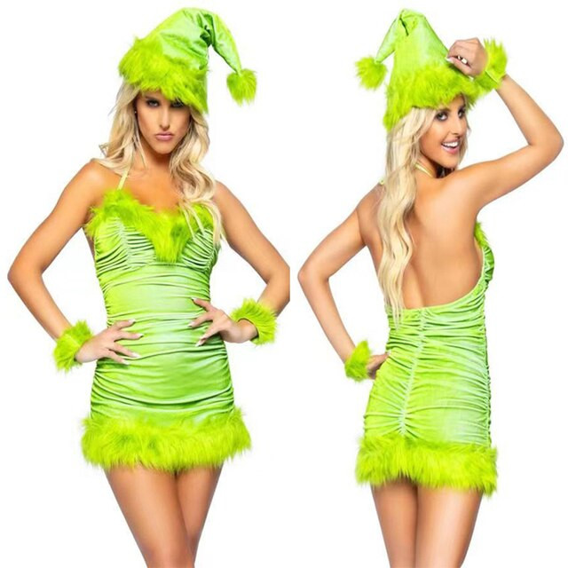 Green Fur Monster Cosplay Costume How Stole Movie Christmas Fantasy Women Sexy Straps Mini Dress Sling Dreses Xmas Outfit Ladies
