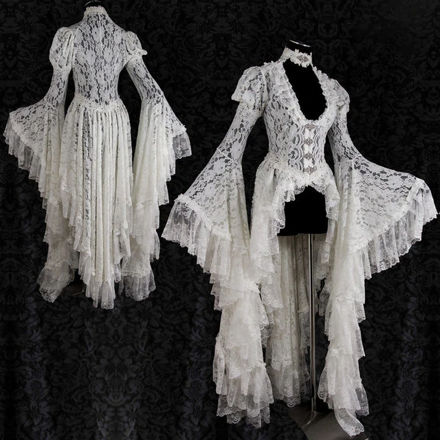 Women Retro Vintage Solid Lace Medieval Cardigan Cosplay White Lace Elegant Long Tail Pleated Victorian Outwear Ball Gown