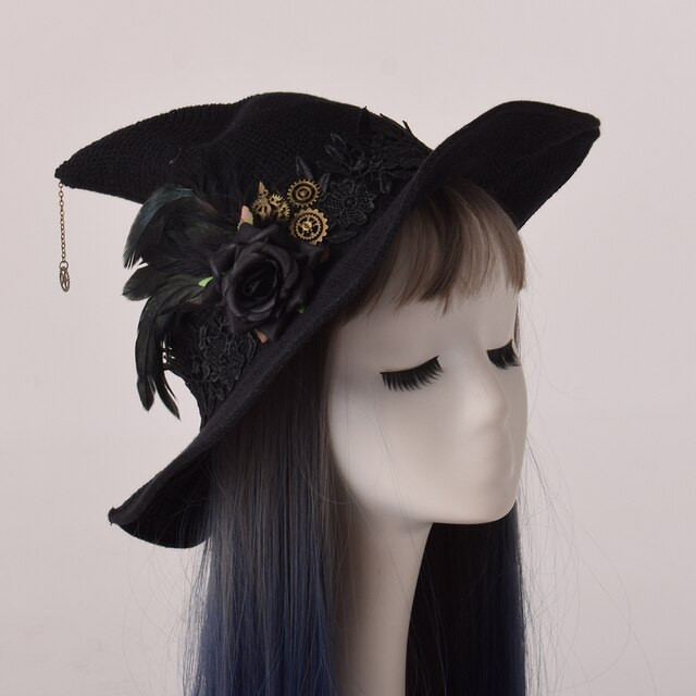 Black Goth Witch Hat Women Halloween Felt Lace Rose Hats Cosplay Accessories