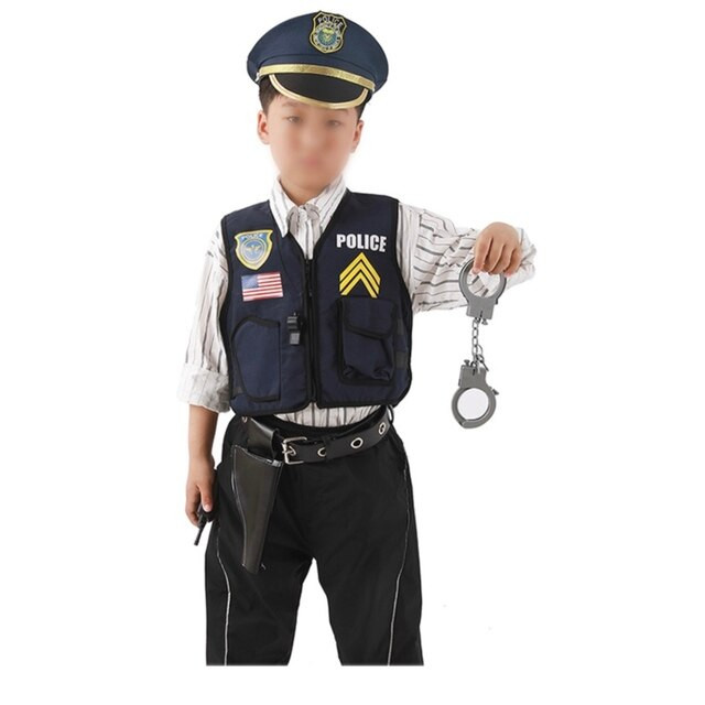 Kids Career Cosplay Police Costume - Vest, Hat, Belt with holster, Handcuffs, Walkie-talkie, Whistle Set for 3-8Years Boys