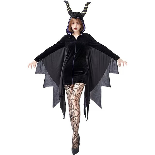 Women Halloween Dark Hell Demon Costumes Female Black Magician Cosplay Carnival Purim Nightclub Bar Bat Role Playing Party Dress