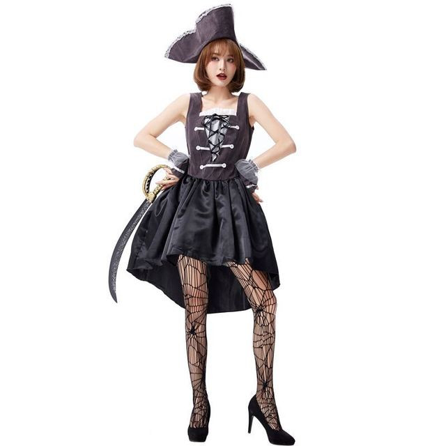 Black Female Warrior Captain Cosplay Adult Woman Halloween Pirates Costumes Carnival Purim Nightclub Bar Role Play Party Dress