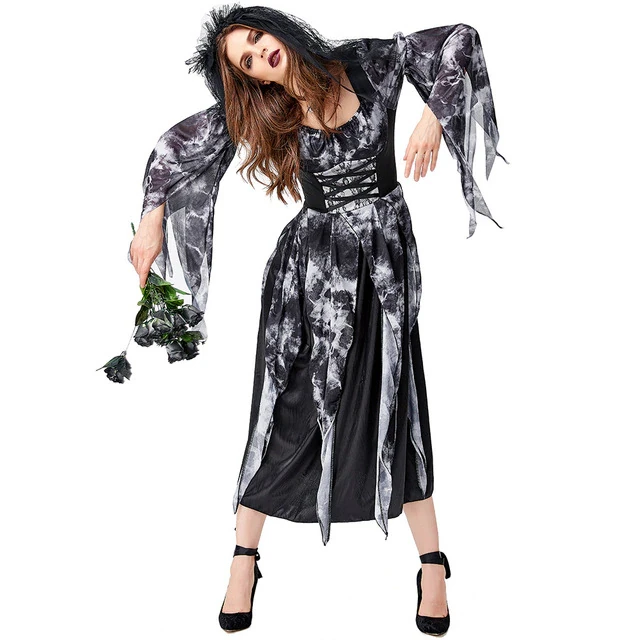 Black Skeleton Ghost Women Corpse Bride Scary Cosplay Female Halloween Zombie Walking Dead Costumes Purim Role Play Party Dress