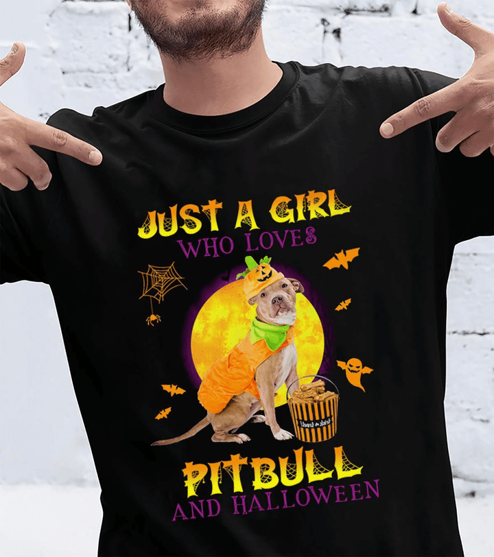 Just A Girl Who Loves Pitbull And Halloween Printed Tshirt