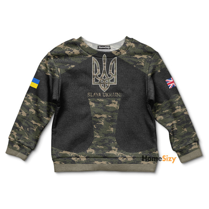 UK Stand With Ukraine Slava Ukraini Camo Kid Sweatshirt United Kingdom For Ukraine Support Clothing QT305874Hc