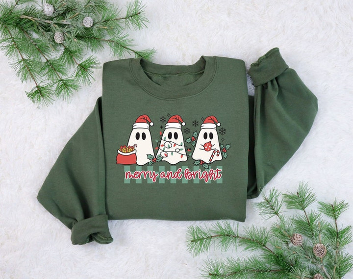 Cute Christmas Merry And Bright Ghost Printed Tshirt