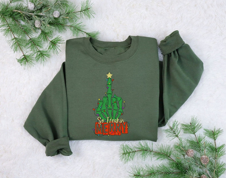 Funny So Freaking Merry Middle Skeleton Finger Christmas Printed Tshirt