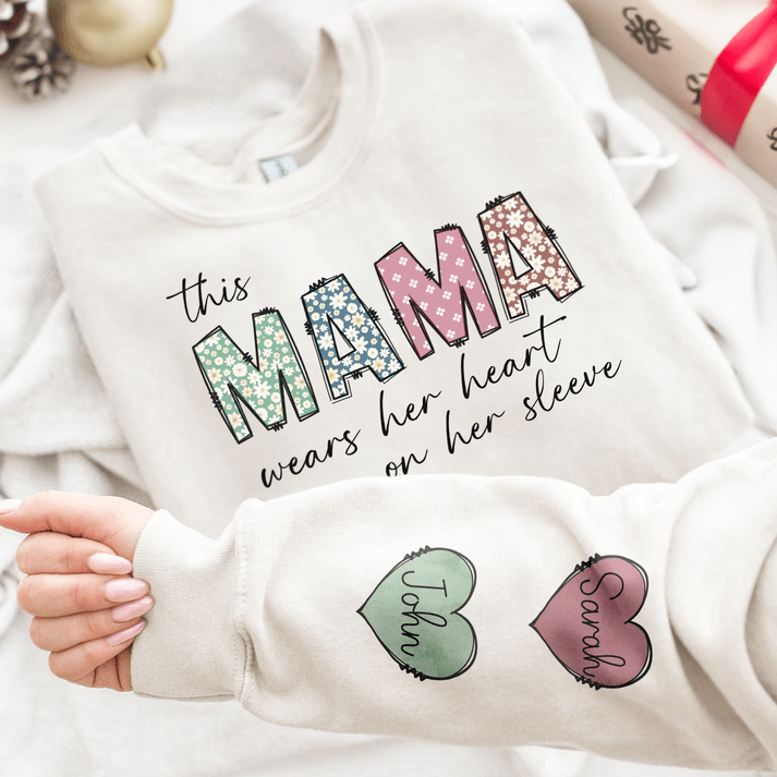 Personalized Custom Name This Mama Wear Her Heart On Her Sleeve - Unisex Printed Sweatshirt