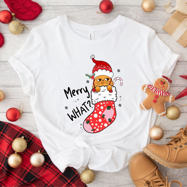 Funny Grumpy Cat Merry What Christmas Printed Tshirt