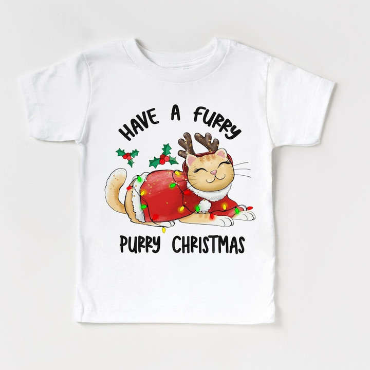Funny Cat Have A Furry Purry Christmas Printed Tshirt