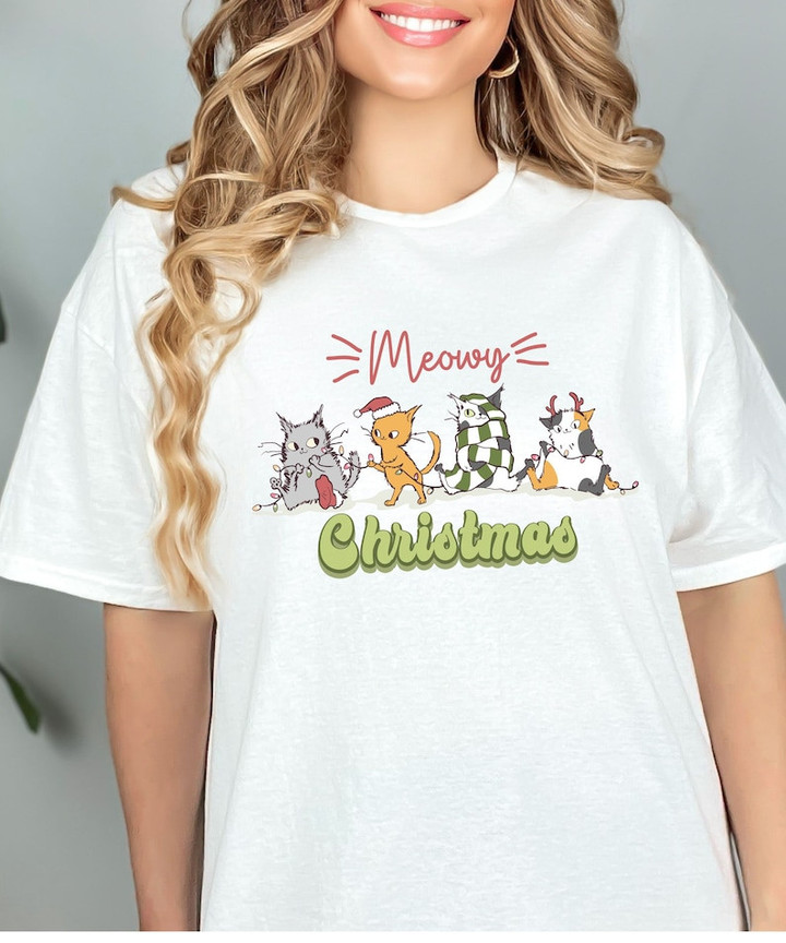 Funny Cat Meowy Christmas Printed Tshirt