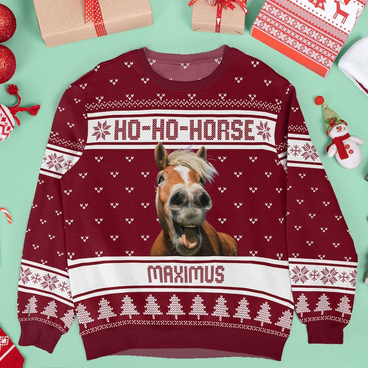 Personalized Custom Name Photo Insert Ho-Ho-Horse Ugly Christmas Sweater
