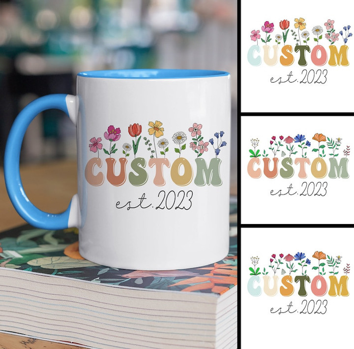 Personalized Custom Name Flowers Accent Ceramic Mug