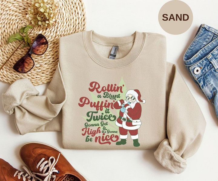 Funny Santa Get High Marijuana Christmas Sweater Shirt
