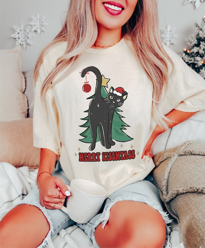 Black Cat Merry Kissmyass Christmas Sweater Shirt