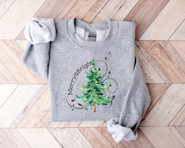 Merry and Bright Christmas Tree Sweater Shirt
