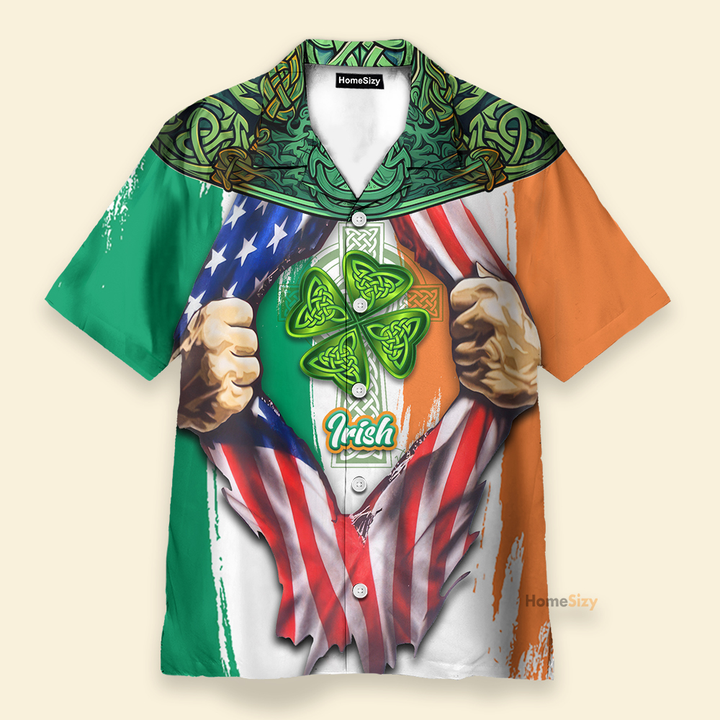 Irish St. Patrick Day Four-leaf Clover Hand Ripping Open American Flag Pattern - Hawaiian Shirt