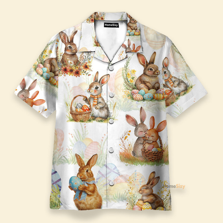Cute Couple Bunny Carrying Basket Of Easter Eggs - Hawaiian Shirt