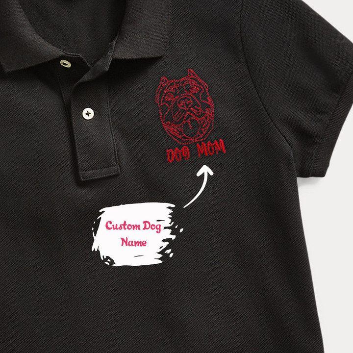 Personalized Pitbull Dog Mom Embroidered Polo Shirts, Custom Polo Shirts with Dog Name, Best Gifts for Pitbull Lovers