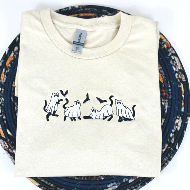 Embroidered Ghost Sweatshirt, Halloween Sweatshirt, Ghost with Black Cat Hoodie