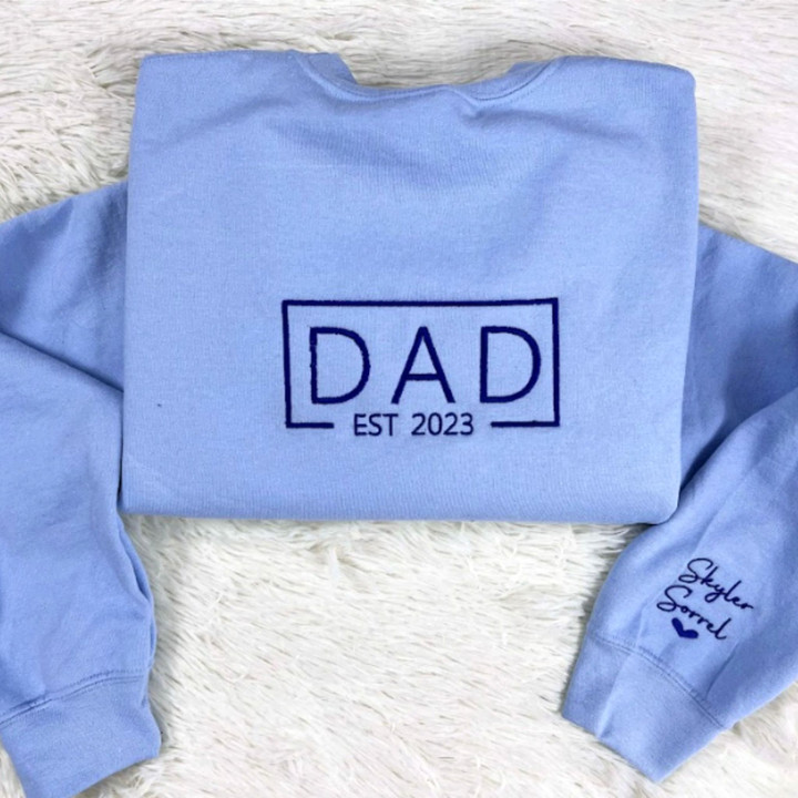 Dad Est Embroidered Sweatshirt, Custom Dad Hoodie with Kids Name on Sleeve, Best Gifts for Dad