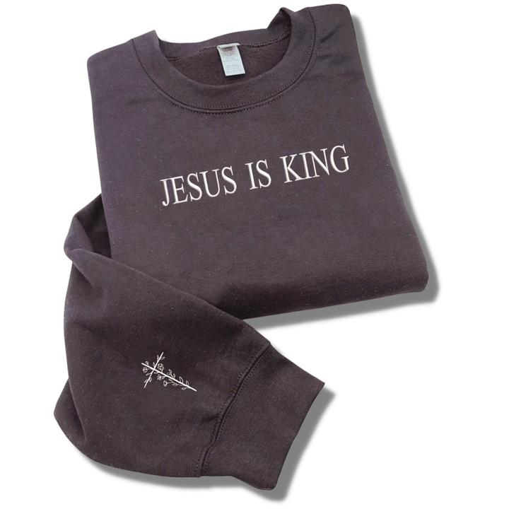 Jesus is king Sweatshirt With Cross Floral on Sleeve, Faith Sweatshirt Embroidered, Christian Sweatshirt Hoodie
