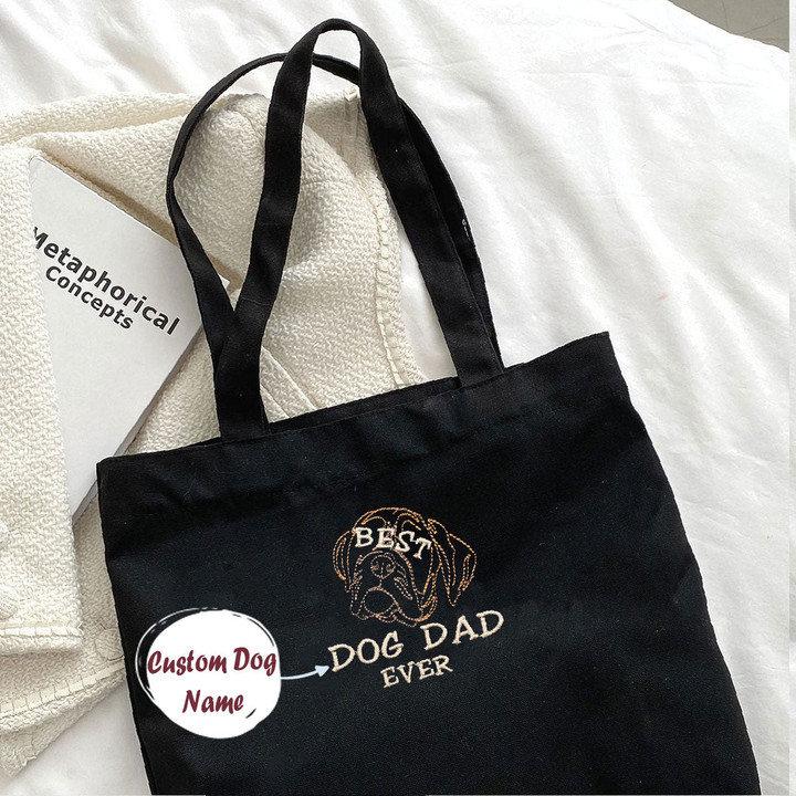 Personalized Best Boxer Dog Dad Ever Embroidered Tote Bag, Custom Tote Bag with Dog Name, Best Gifts For Boxer Lovers