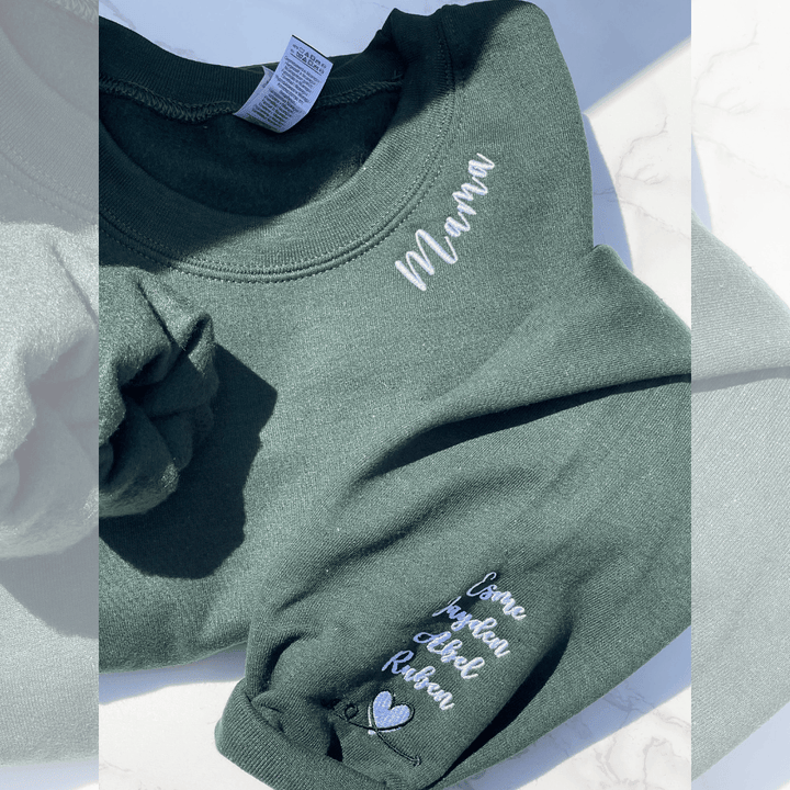 Mama Embroidered Sweatshirt, Custom Momma Sweatshirt Hoodie With Kids Names, Heart On Sleeve
