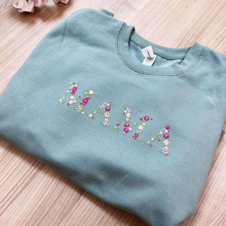 Mama Embroidered Floral Sweatshirt, Embroidered Crewneck with Flower Letter, Gifts for Mother's day