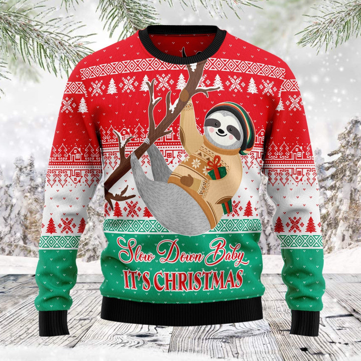 Sloth Slow Down Funny Red Green Ugly Sweater
