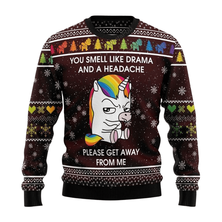 Funny Unicorn Rainbow You Smell Like Drama And A Headache Ugly Christmas Sweater