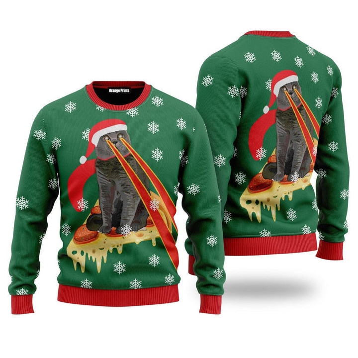 Pizza Cat With Laser Eyes Green Ugly Christmas Sweater For Men & Women