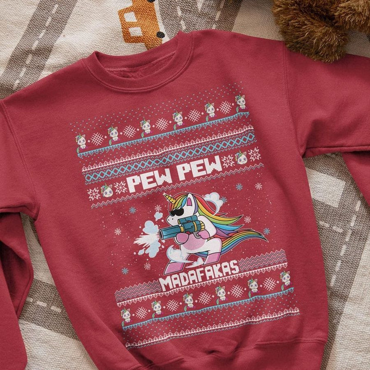 Crazy Unicorn Shooting Red Ugly Sweater