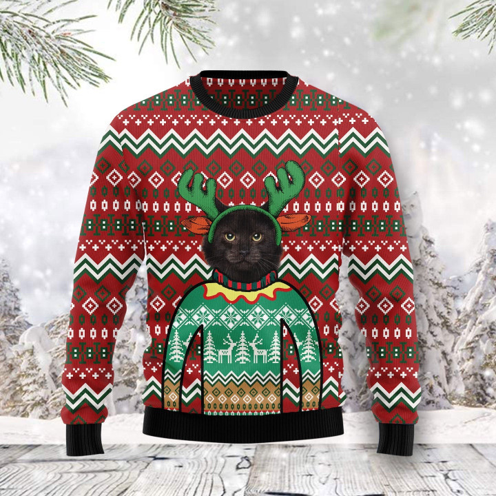 Black Cat Christmas Reindeer Awesome Funny Ugly Christmas Sweater