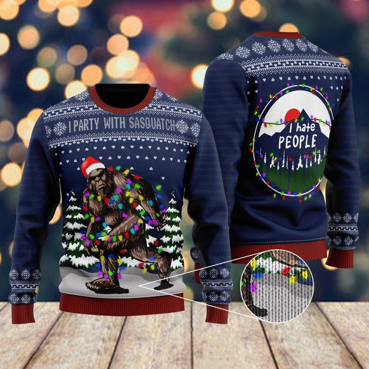 I Party With Sasquatch Camping Knitting Ugly Christmas Sweater